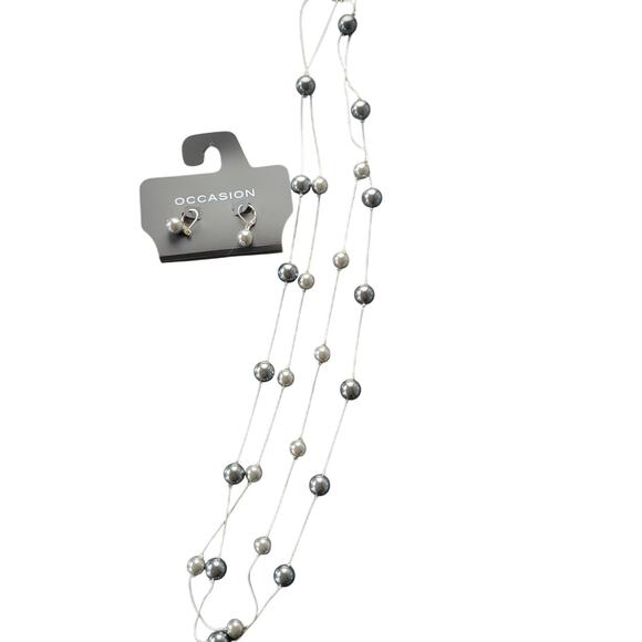 Silver-Tone 36" Multi-Strand Gray Faux Pearl Layered Necklace, Drop Earrings Set - Picture 10 of 14